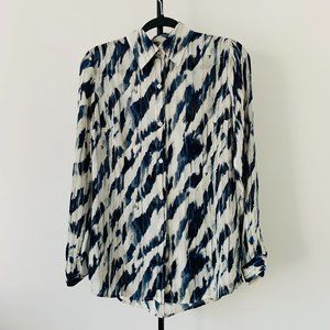 Cabi Abstract Print White + Blue Long Sleeve Button Down Blouse